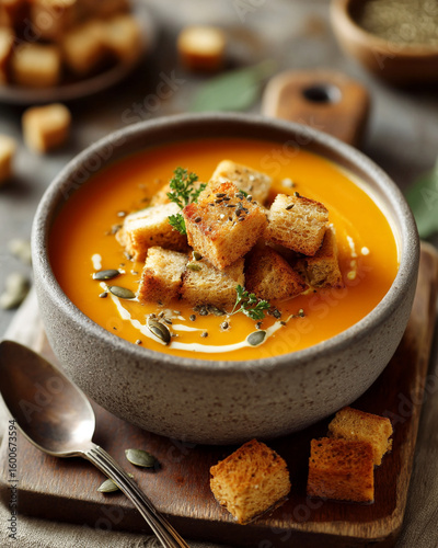 A bowl of pumpkin soup topped with croutons and parsley on a wooden board
