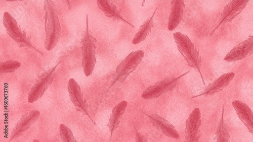 Scattered light pink feathers falling over a blush-colored background, detached
