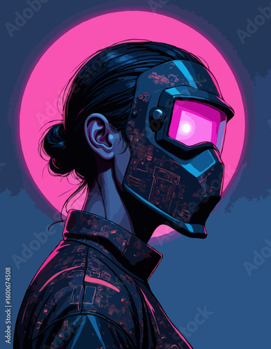Cyberpunk woman in a futuristic helmet with a glowing visor representing technology against a neon pink circle