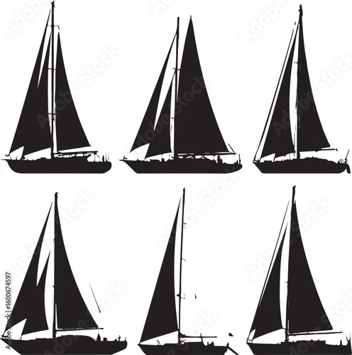 Black sailboats with tall masts and sails sailing watercraft