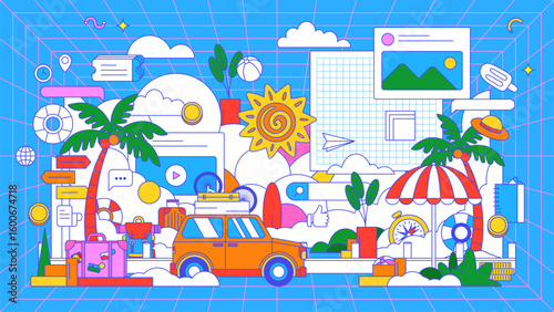 Playful Retro Holiday Illustration with Car, Palm Trees, and Beach Elements