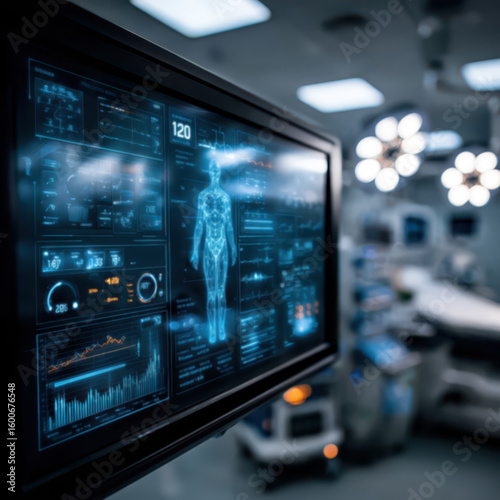Wallpaper Mural A futuristic digital screen in a hospital room displaying a 3D model of human anatomy with vital signs and data charts Torontodigital.ca