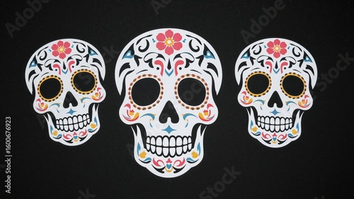 Decorative papel picado with skull motifs set against a black background, used in festive offerings for the Day of the Dead and All Saints.