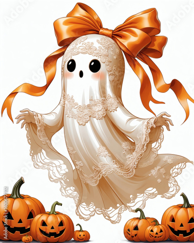 Ghostly delight dances among pumpkins during a festive Halloween celebration with playful charm