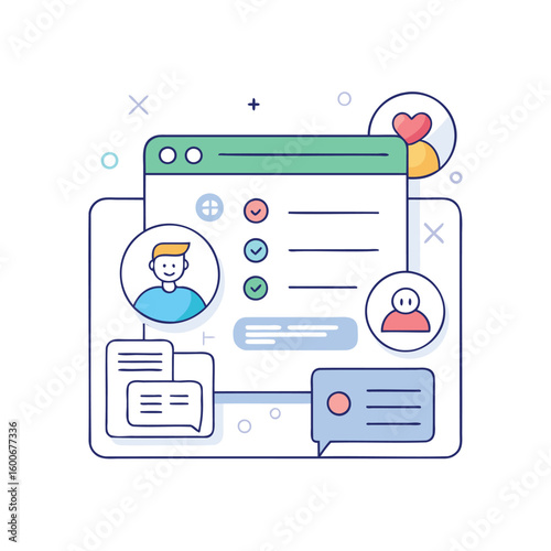 Illustration of a user interface with chat bubbles and profile icons isolated on white background