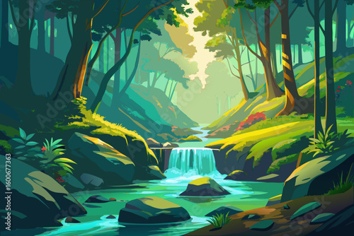 Enchanting forest stream with a small waterfall and lush green foliage