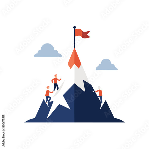 Team of climbers reaching the summit of a snowy mountain with a flag isolated on white background
