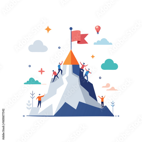 Team climbing a majestic mountain to reach the summit flag isolated on white background