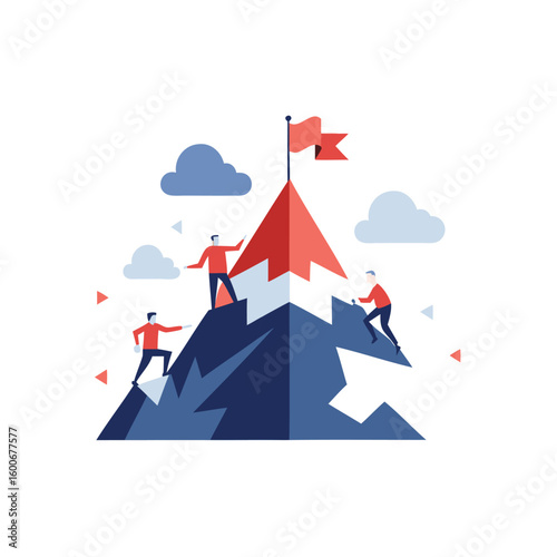 Team of climbers reaching the summit of a mountain with a flag isolated on white background