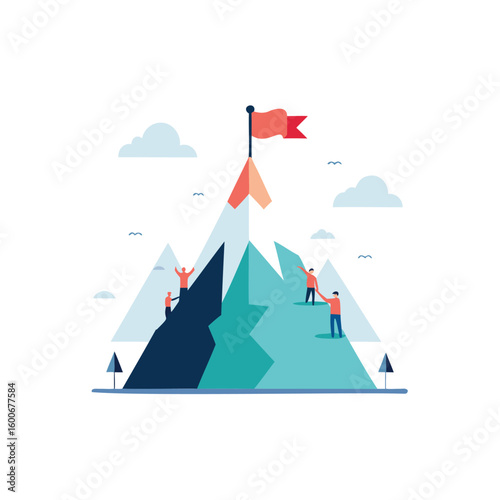 Illustration of a person climbing a mountain to reach a flag at the summit isolated on white background