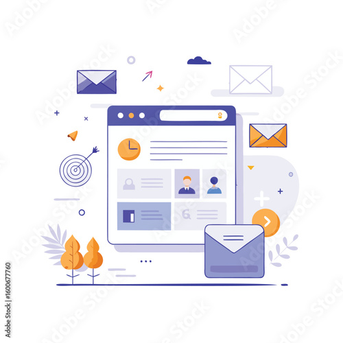 Digital communication and online messaging interface with email icons isolated on white background