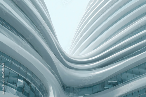 Abstract architectural design showcasing curved lines and glass windows against a light blue sky backdrop.