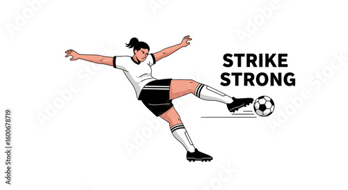 Dynamic illustration of a female soccer player executing a powerful direct shot, an athletic action vector for sports design