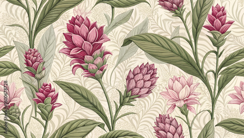 Vector Illustration Seamless Pattern Siam Tulip Flower Designed for Fabric or Wallpaper Printing.
