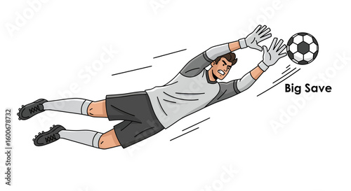 Dynamic illustration of a soccer goalkeeper in action, making a spectacular diving save to block the ball.