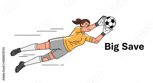 Dynamic illustration of a soccer goalkeeper in action, making a spectacular diving save to block the ball.
