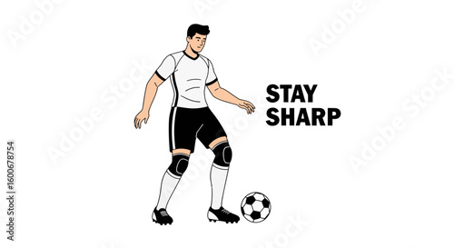 Animated illustration of a male soccer player performing a skillful dribble, athletic action vector for sports design