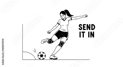Dynamic illustration of a female soccer player executing a powerful corner kick, an athletic action vector for sports design