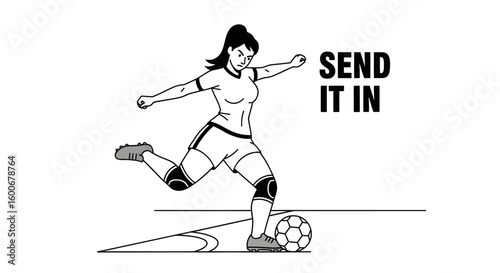 Dynamic illustration of a female soccer player executing a powerful corner kick, an athletic action vector for sports design