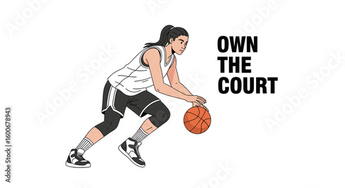 Illustration of a stylish female basketball player in a white uniform holding an orange ball, dribbling the ball.