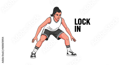 Illustration of a stylish female basketball player in a white uniform maintaining a defensive position to win the ball.