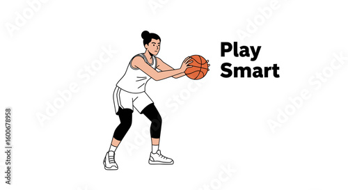 Stylized female basketball player illustration in white uniform holding orange ball, ready to pass or shoot.