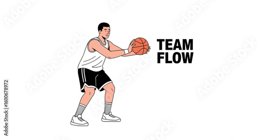 Stylized Male basketball player illustration in white uniform holding orange ball, ready to pass or shoot.