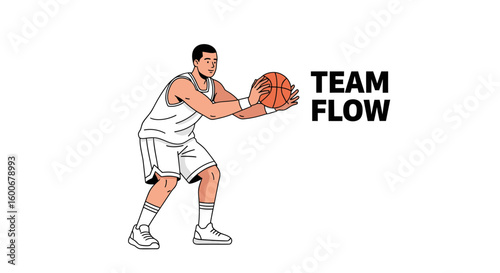 Stylized Male basketball player illustration in white uniform holding orange ball, ready to pass or shoot.