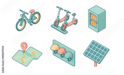 Sustainable urban mobility icons in pastel isometric style