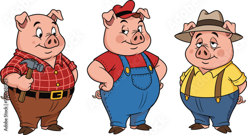Three cartoon pigs in outfits, funny pig characters, construction pig, farmer pig, expressive faces, animated animals, cute vector illustration, story