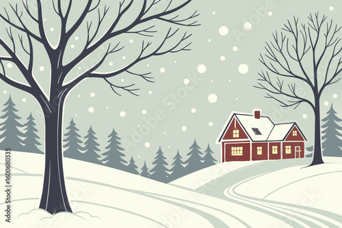 Cozy red cabin nestled in a serene snowy landscape with bare trees and falling snowflakes creates a picturesque winter wonderland scene perfect for holiday greetings and seasonal decor.