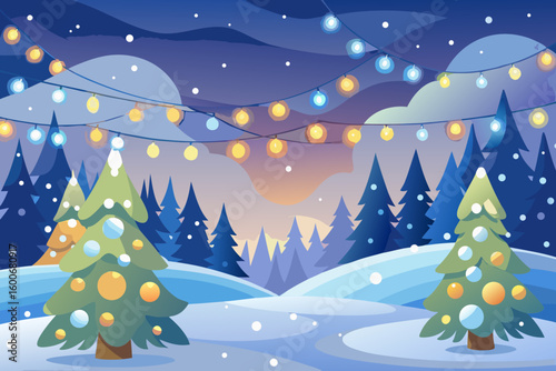 Enchanting winter night scene with decorated Christmas trees under festive string lights and gentle snowfall creating a magical holiday atmosphere