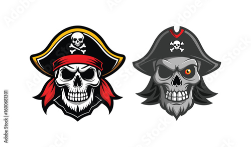 Two fierce pirate skulls with hats and eyepatches