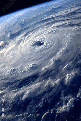 Aerial view of a powerful hurricane vortex with a distinct eye formation, displaying nature's force.