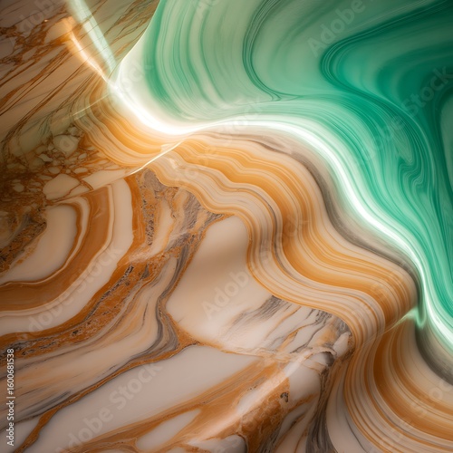An abstract fluid and dynamic background featuring swirling waves of marbled stone in shades of cream orange and