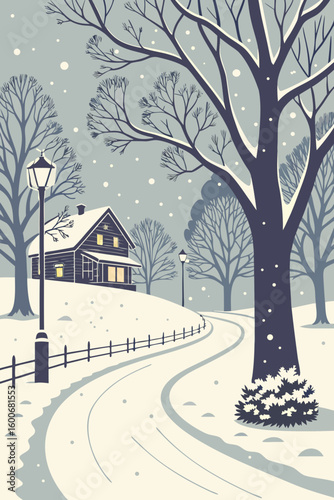 Cozy snow-covered cottage nestled amidst bare winter trees with a welcoming glow from its windows, inviting warmth and holiday cheer on a peaceful snowy evening.