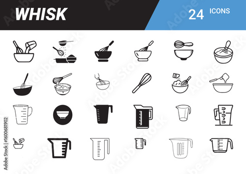 Whisk Icon Set: A comprehensive array of sleek, minimalist line art icons of whisks, mixing bowls, measuring cups, and other baking utensils, perfect for culinary or kitchen design applications.