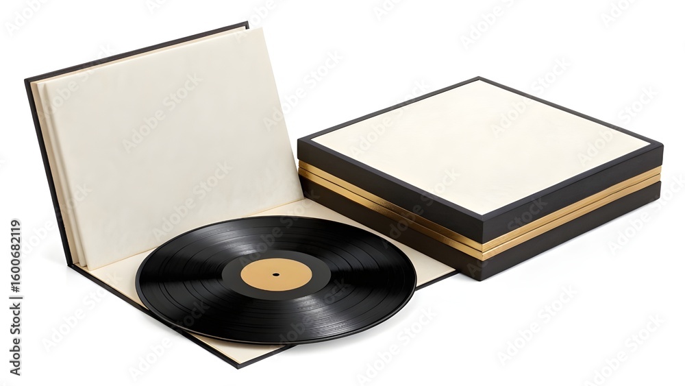 Fototapeta premium Mockup A vinyl record sits inside an open book-like case, next to a closed matching box.