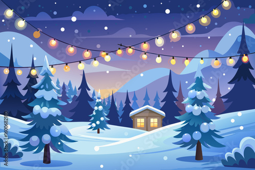 Cozy winter wonderland scene with glowing string lights over snow-covered trees and a warm cabin, perfect for holiday greetings and seasonal decor.