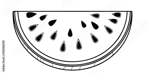 Black and White Watermelon Slice with Seeds Outline on Transparent Background simple black white illustration