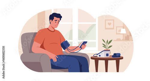 Man measuring blood pressure at home with digital monitor in modern fl