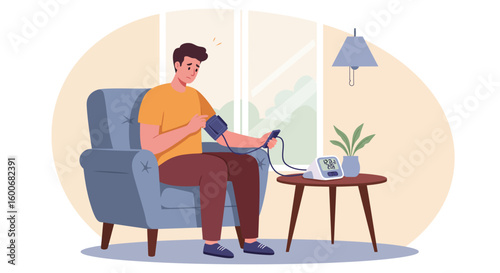 Man measuring blood pressure at home in cozy room setting