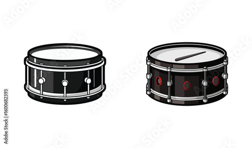 Two vintage snare drums with drumsticks