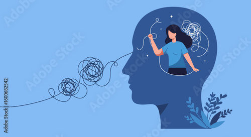 Mental health and problem solving concept with woman untangling though