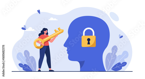 Unlocking ideas: woman with key near locked human mind concept art