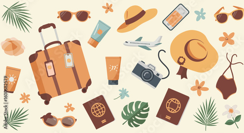 Travel essentials and summer icons set: flat design with luggage, came