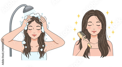 Charming hair care routine: washing and brushing cartoon illustrations