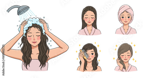 Womans hair care routine: washing, combing, and styling with facial ex