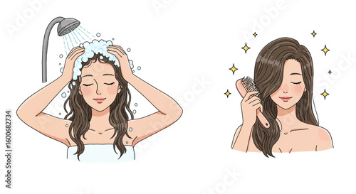 Woman washing hair and brushing in bathroom routine illustration