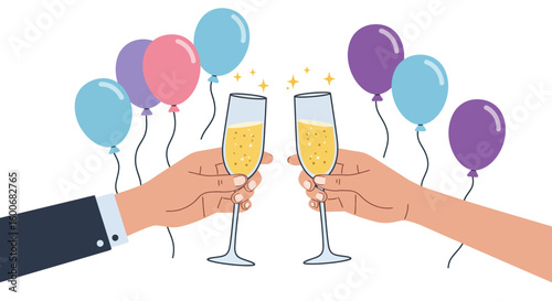 Celebratory champagne toast with colorful balloons and clinking glasse
